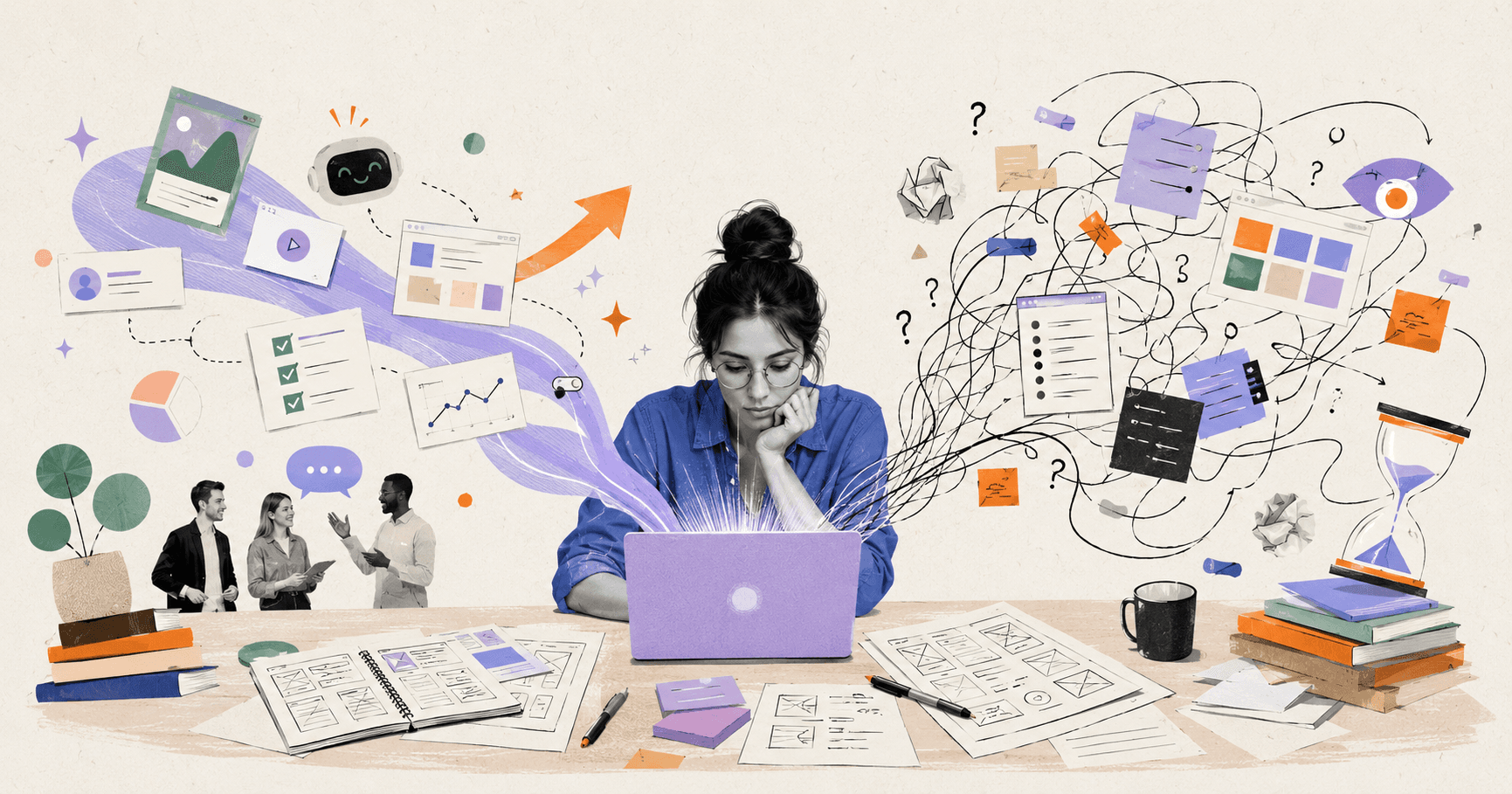 Illustration of a product designer at a laptop surrounded by sketches and ideas